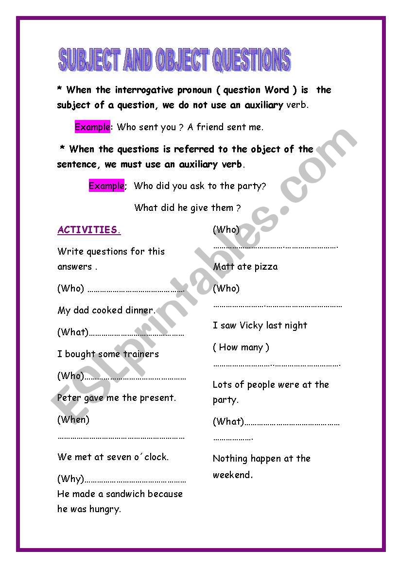 SUBJECT AND OBJECT QUESTIONS worksheet