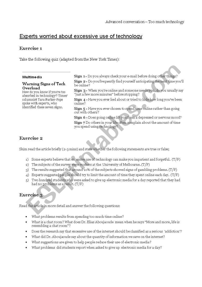 Technology dependance worksheet