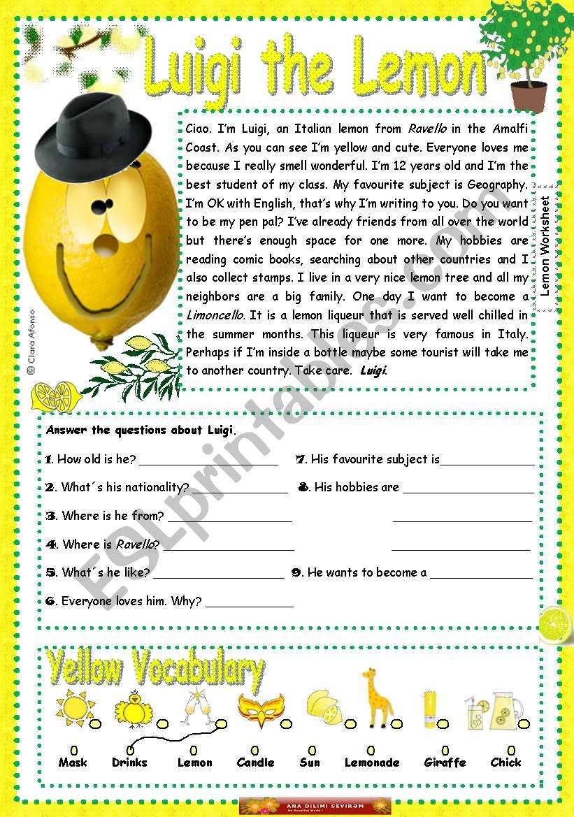 Luigi the lemon worksheet