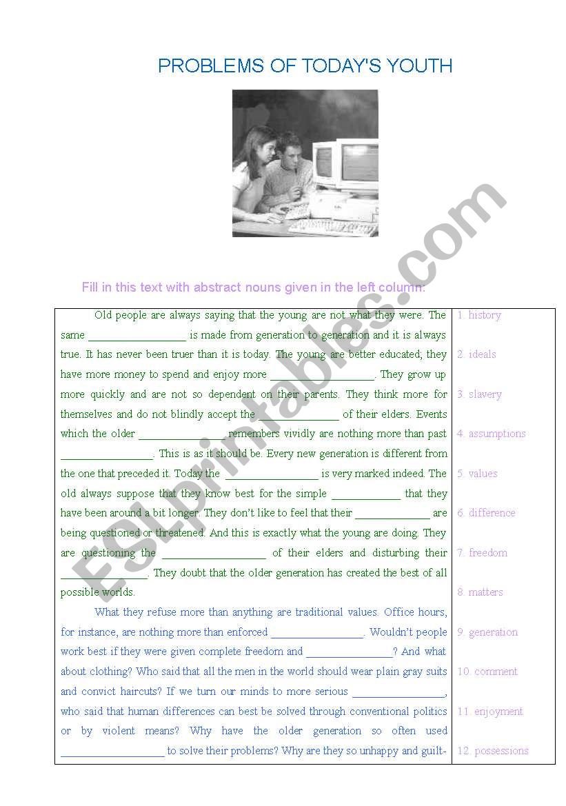 problems of todayÂ´s youth worksheet