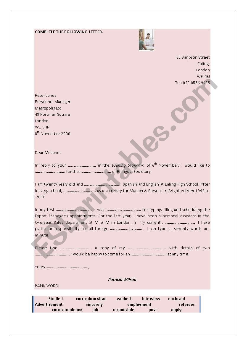 LETTER FOR A CURRICULUM VITAE worksheet