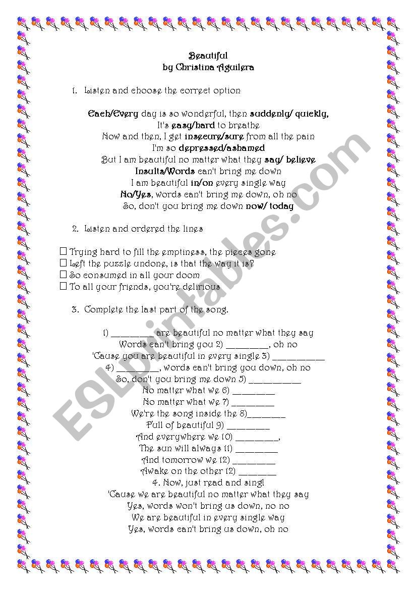 Song: beautiful worksheet