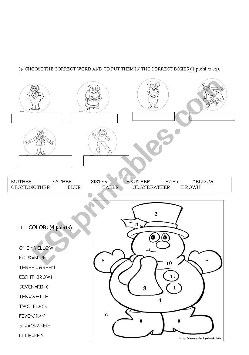 numbers, colors, family worksheet