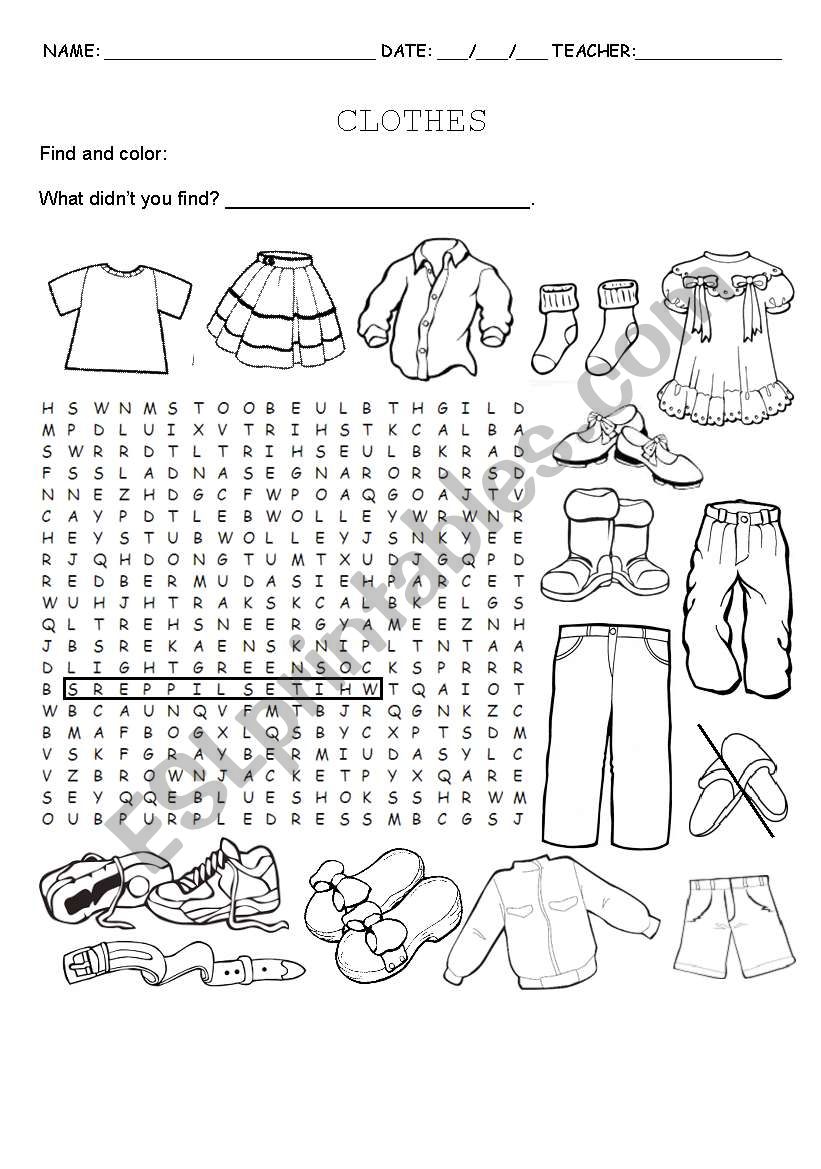 Clothes wordsearch worksheet