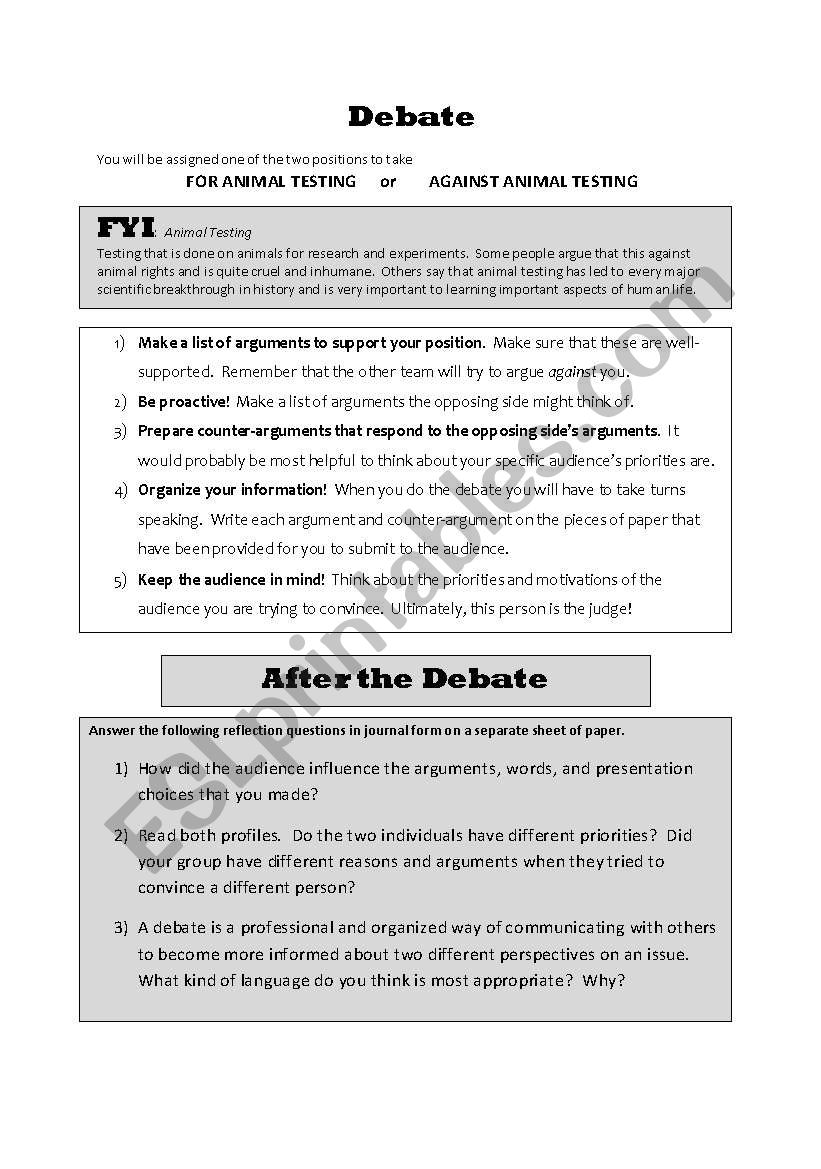 Speaking/Writing Activity:  Debate on Animal Testing