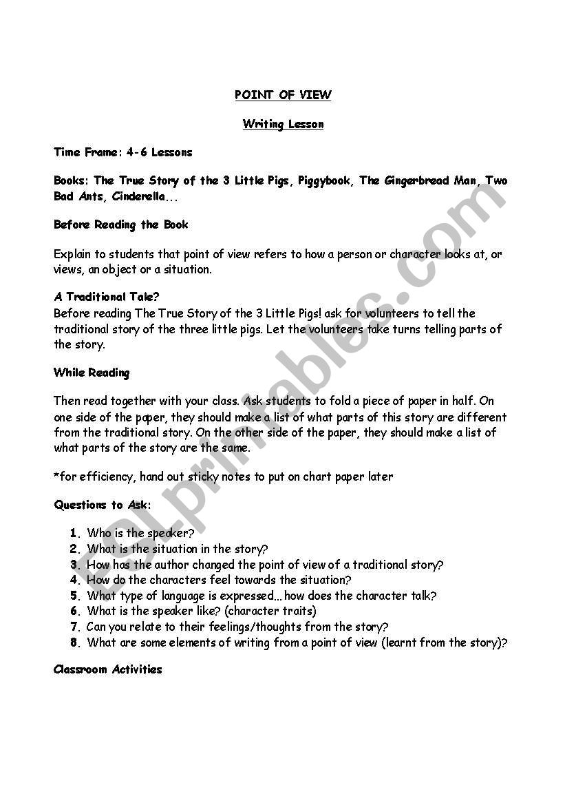 Point of View Writing Lesson  worksheet