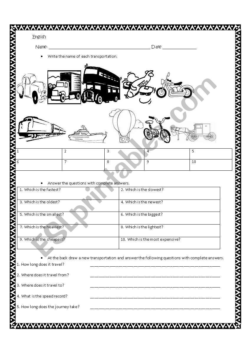 TRANSPORTATION worksheet