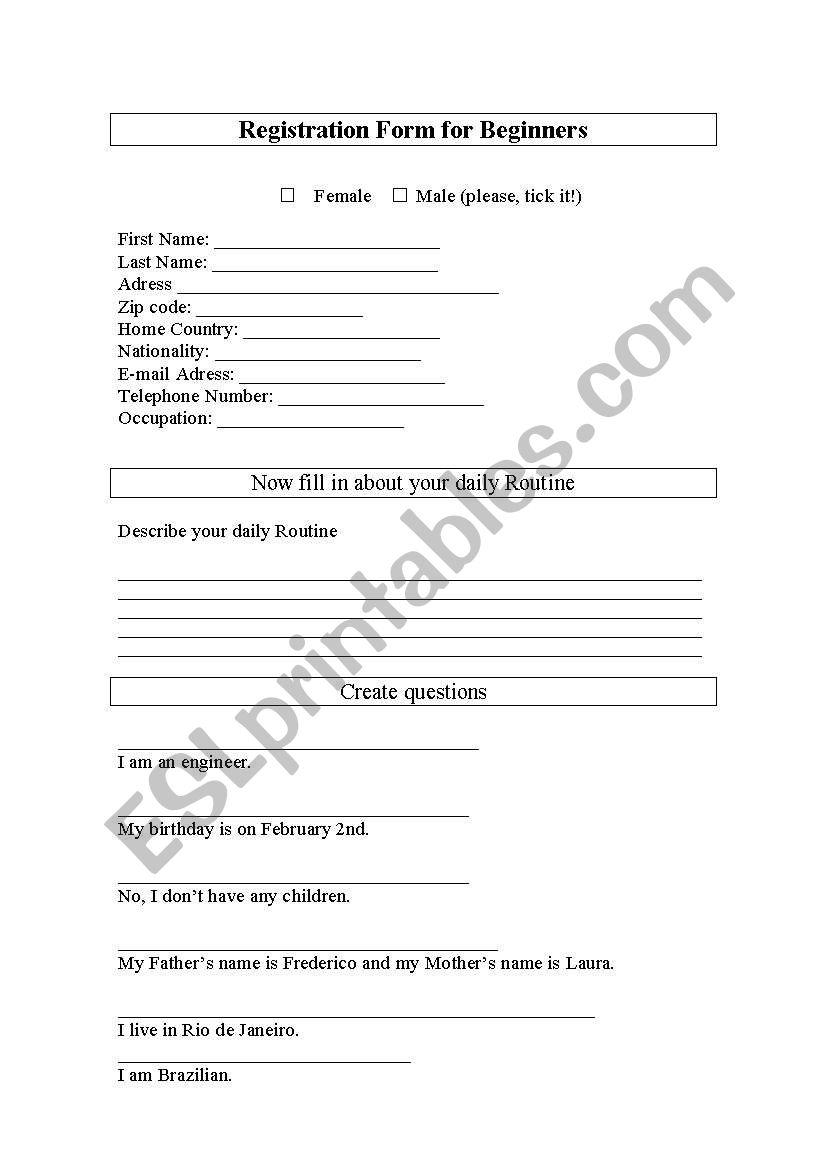 Registration form worksheet