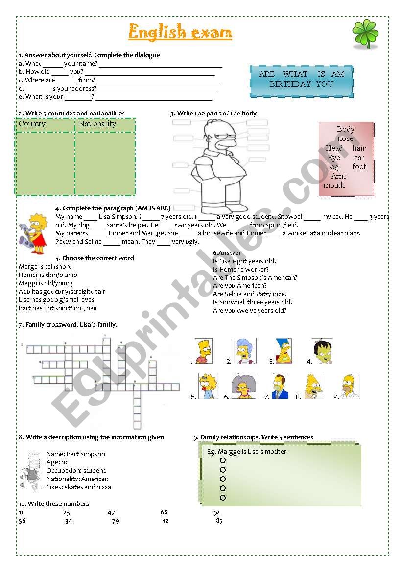 English Exam worksheet