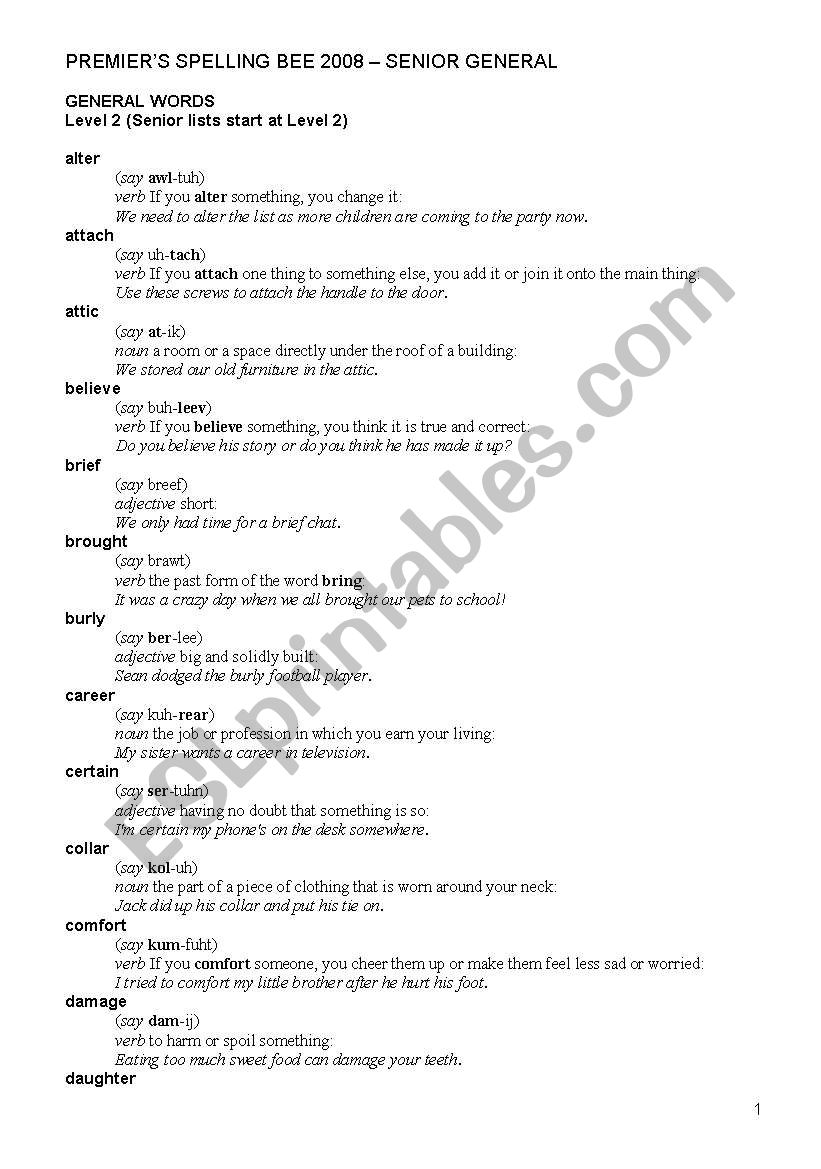 Spelling Bee worksheet