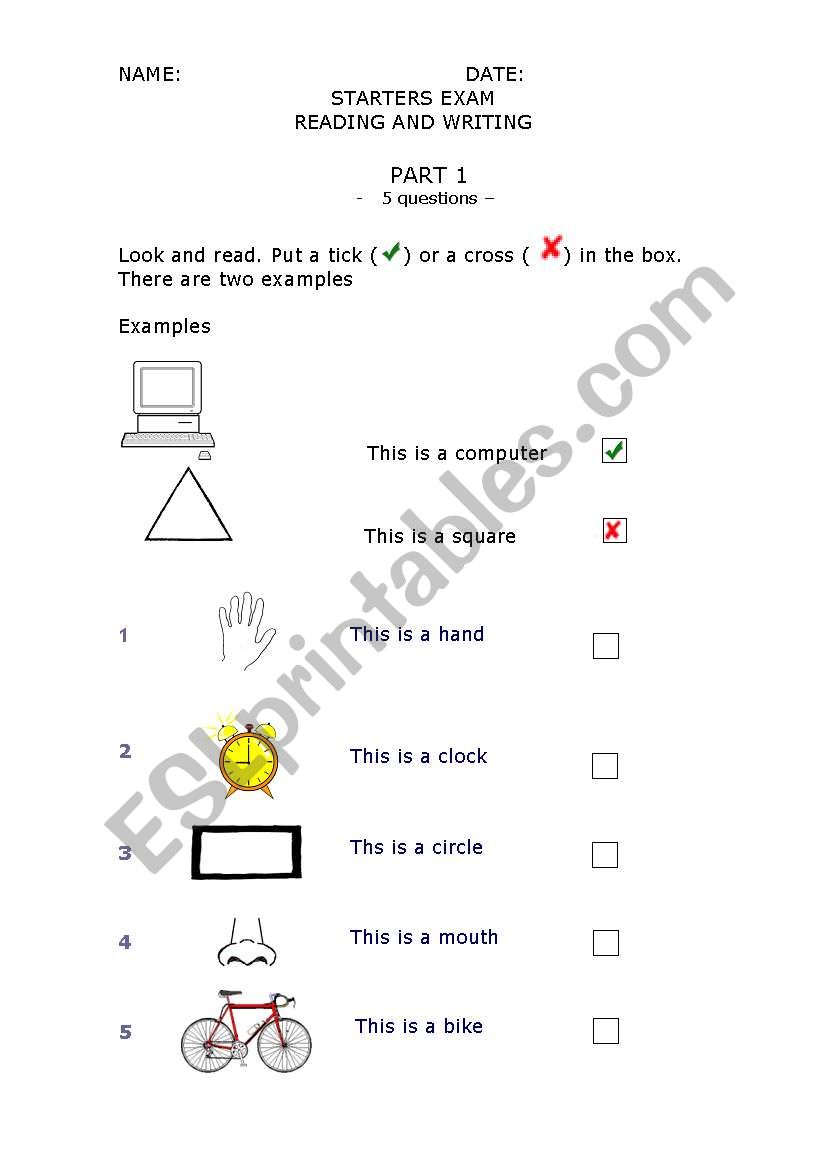 STARTERS Exam - CAMBRIDGE YLE worksheet