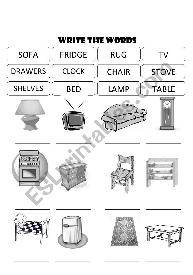 FURNITURE WRITE THE WORDS worksheet