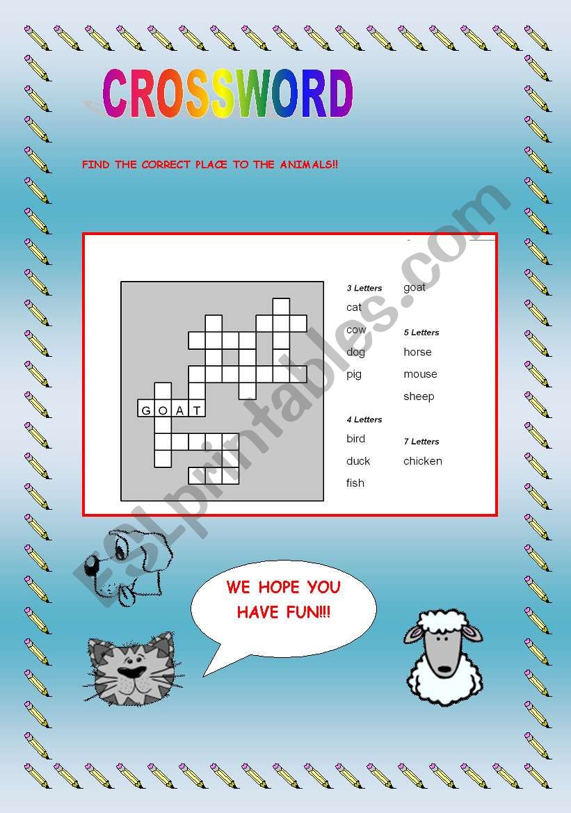 animals crowssword worksheet