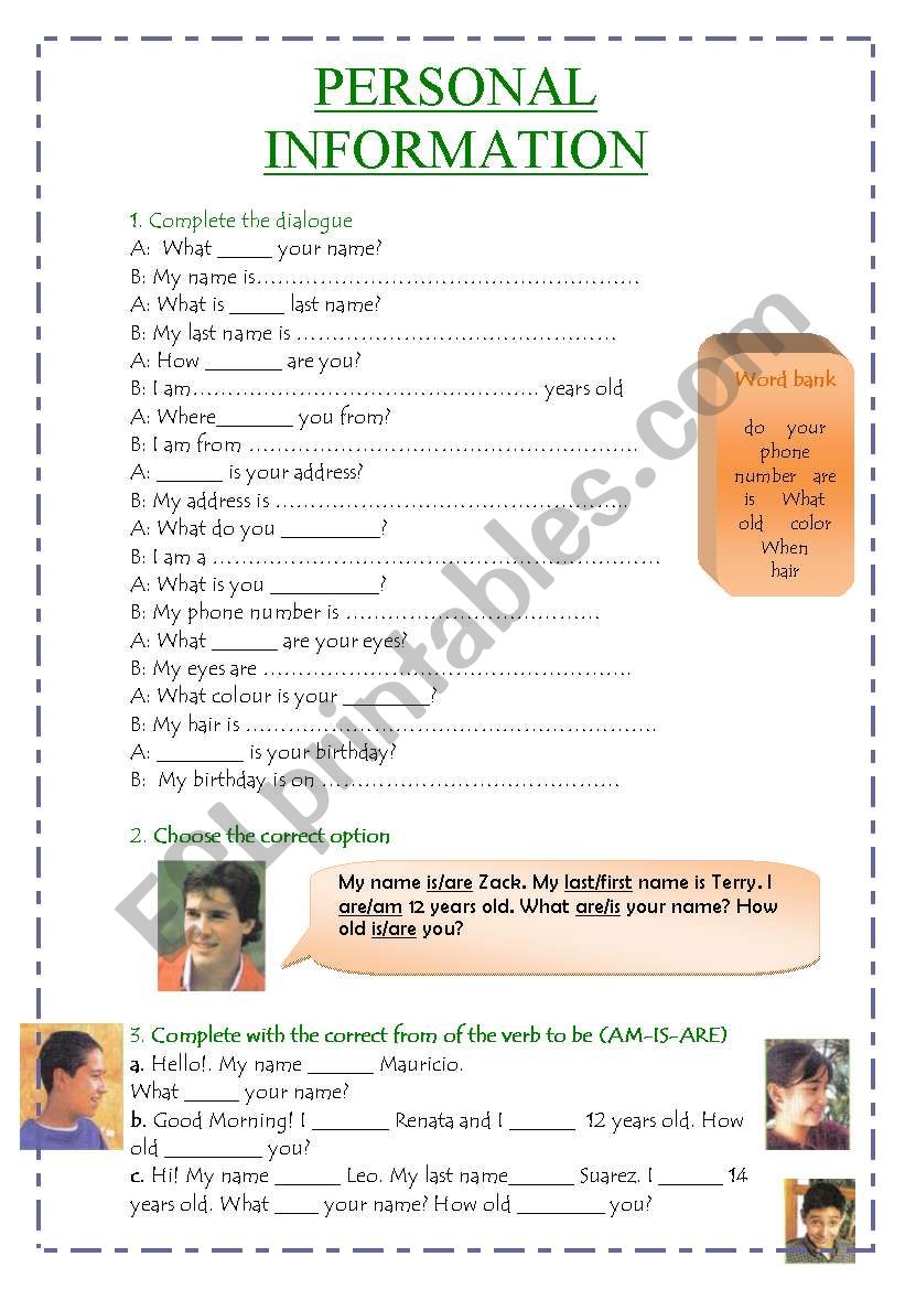 Personal information worksheet