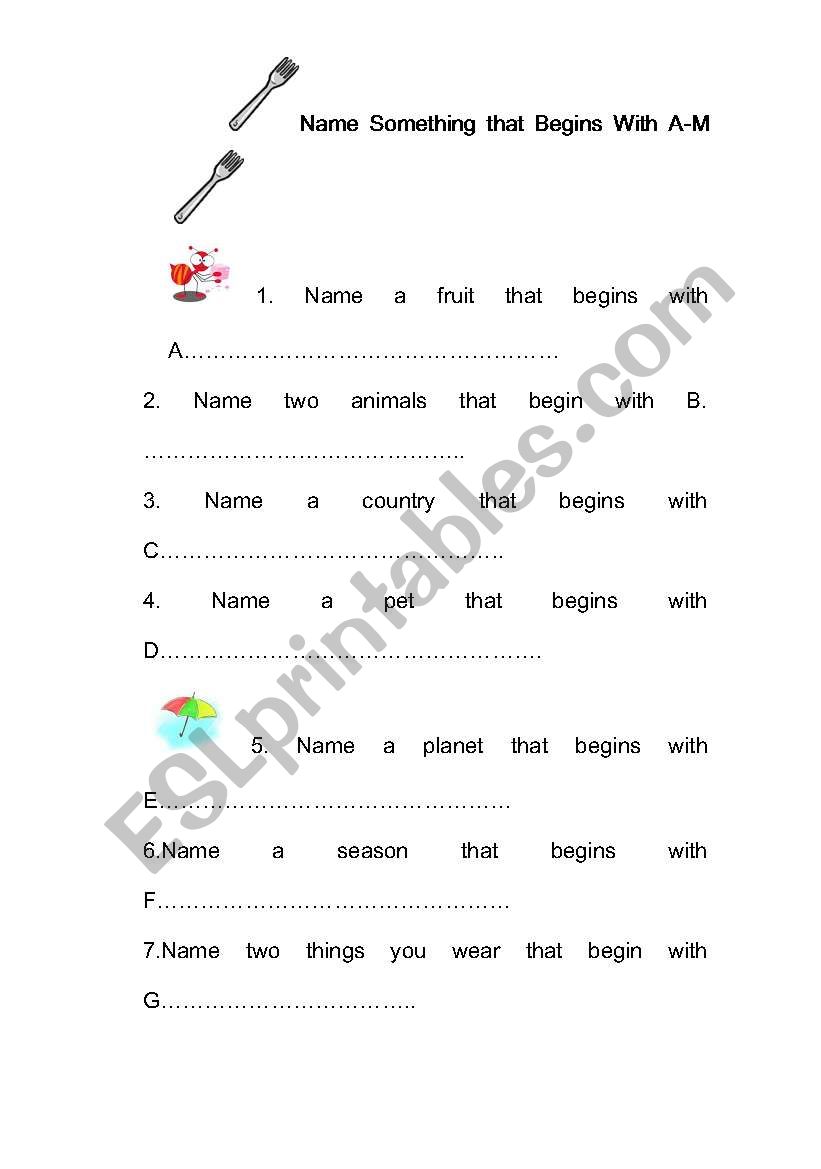 Noun begin with A-Z worksheet