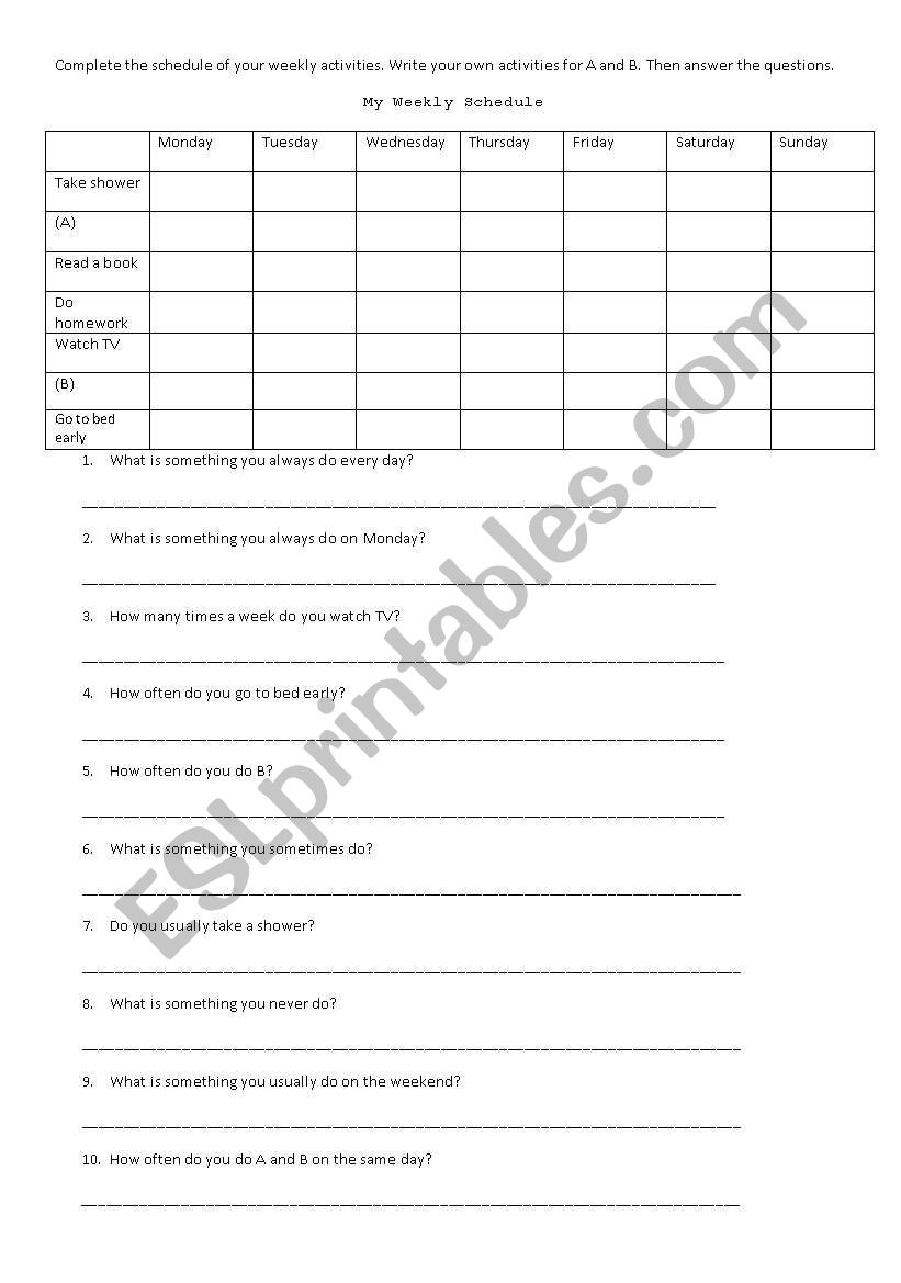 Adverbs of Frequency -- Weekly Schedule
