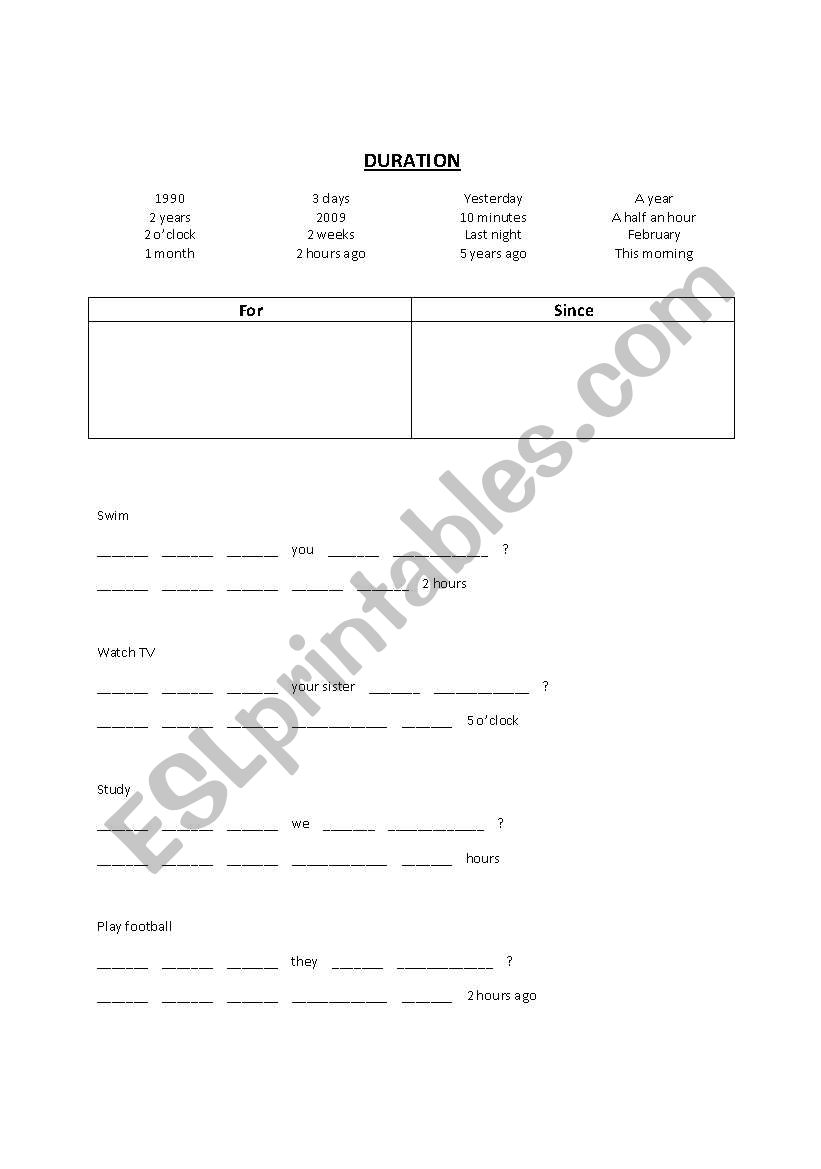 duration worksheet