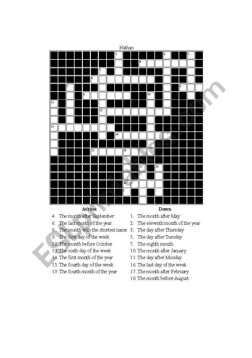 days and months crossword worksheet