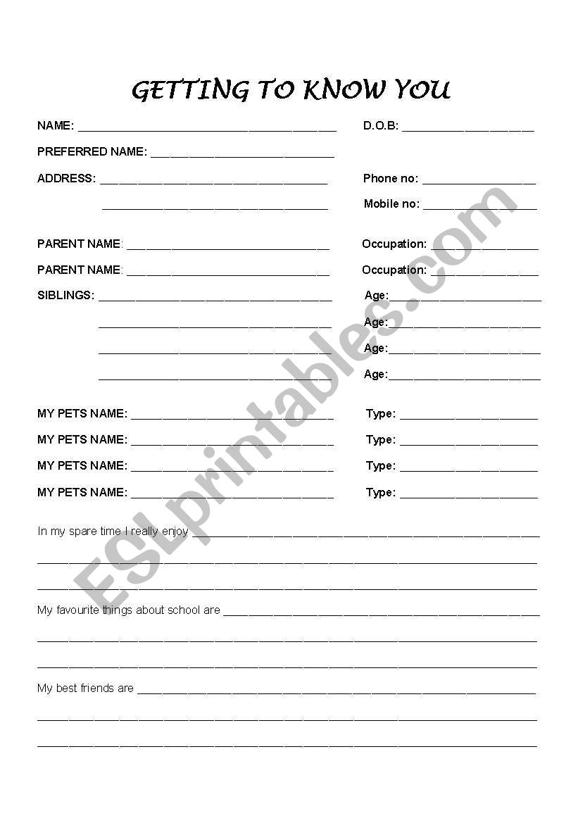 Get To Know You Printable Form