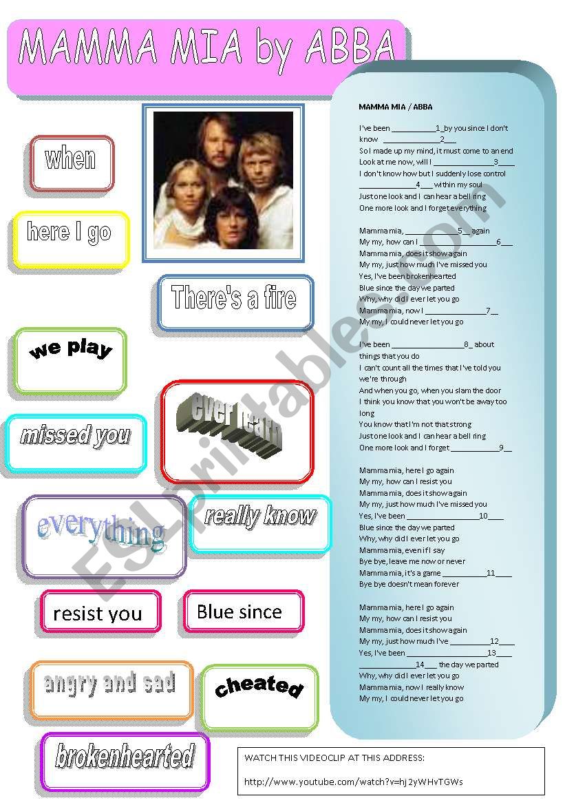 SONG: MAMMA MIA BY ABBA worksheet