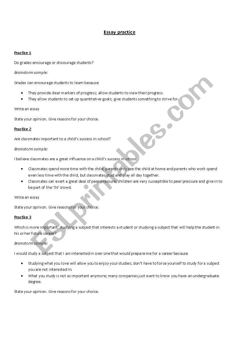 Essay Practice worksheet