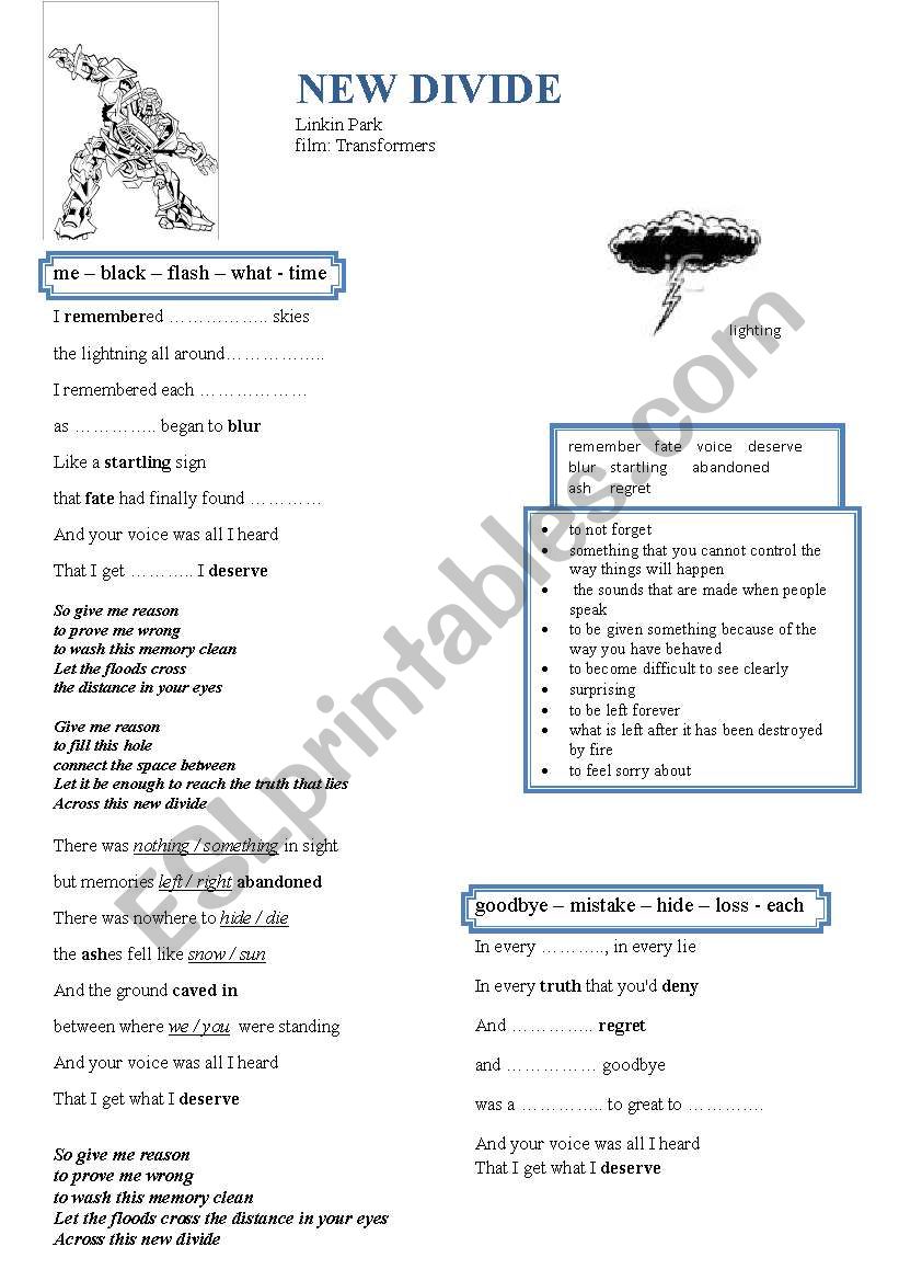 New Divide - Linkin Park worksheet