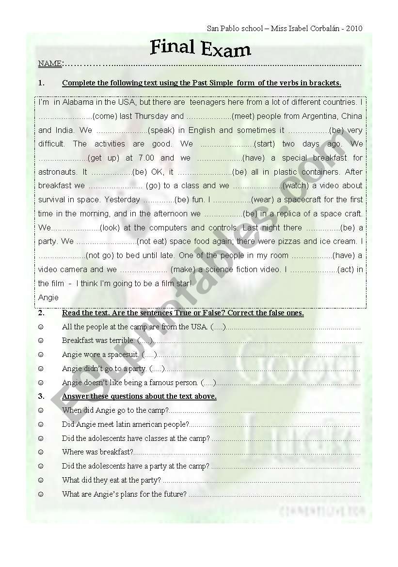 final exam on past simple tense