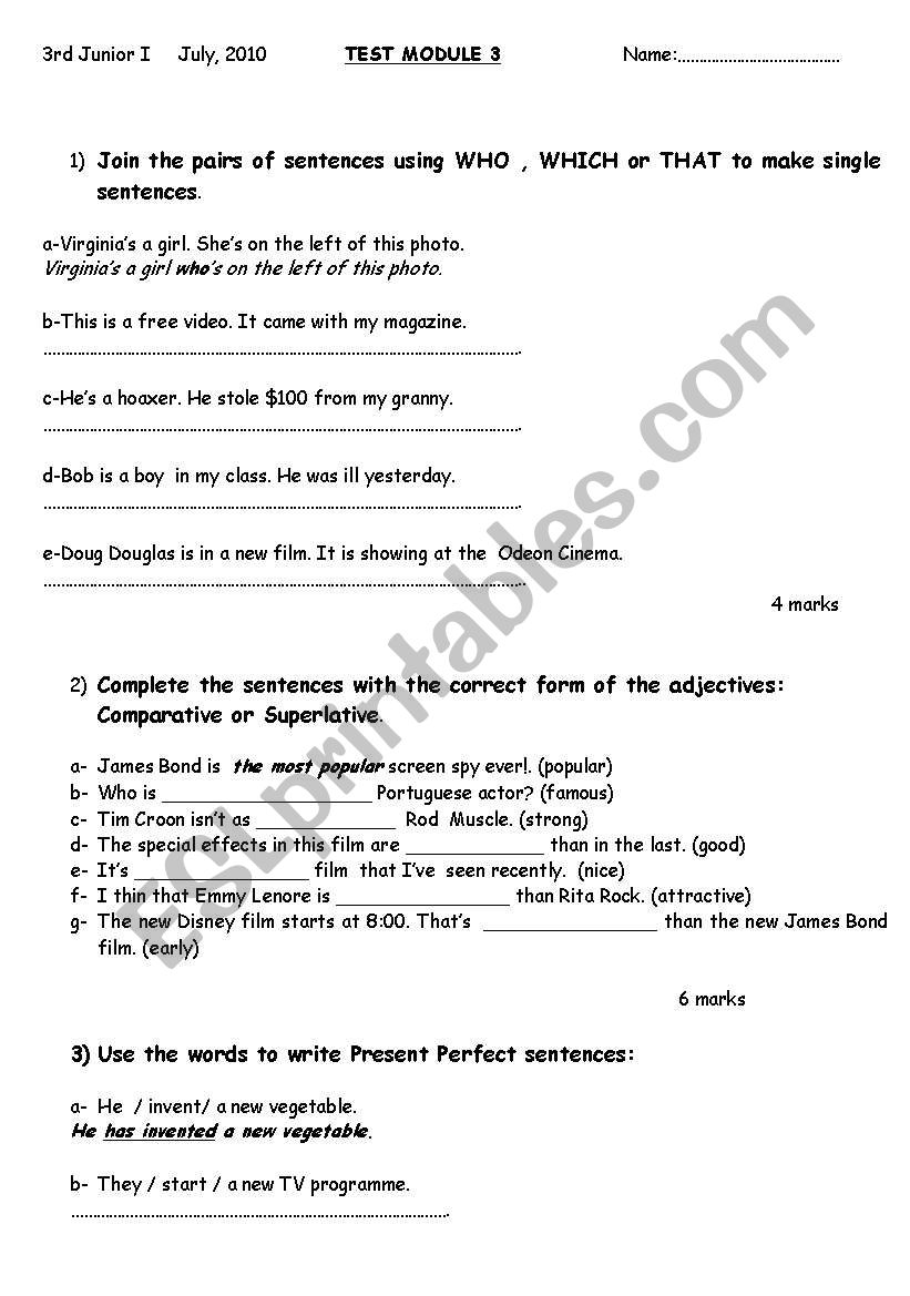 test for juniors- present perfect - relative pronouns- comp & superl adj