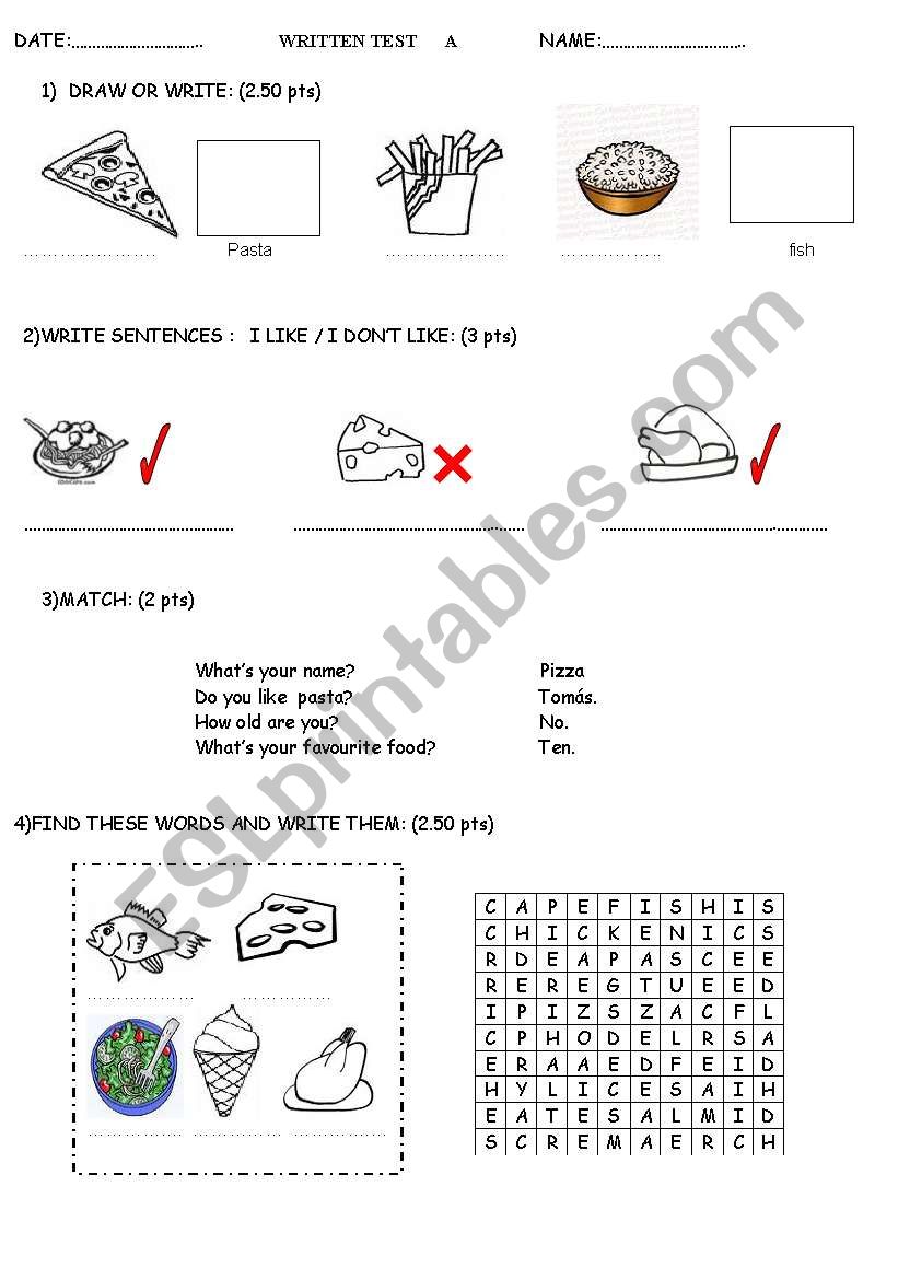 test on food-  A & B  worksheet