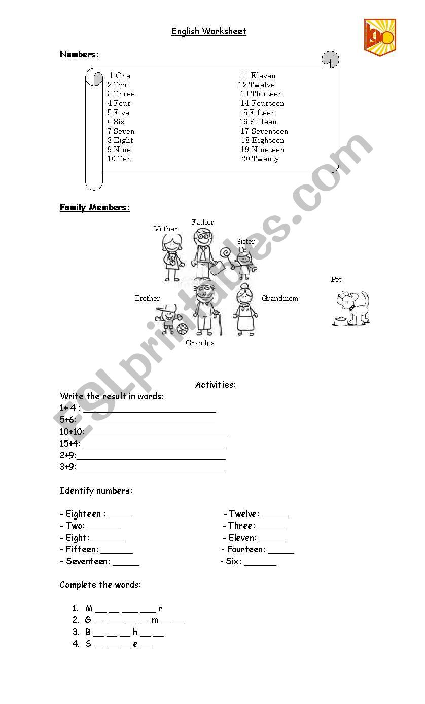 family y numbers worksheet