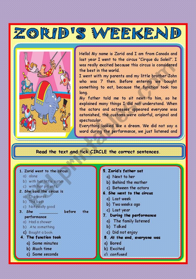 ZORIDÂ´S WEEKEND worksheet