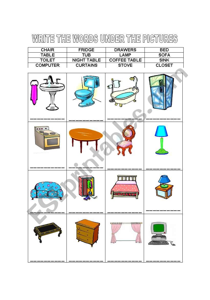 FURNITURE WRITE THE WORDS worksheet