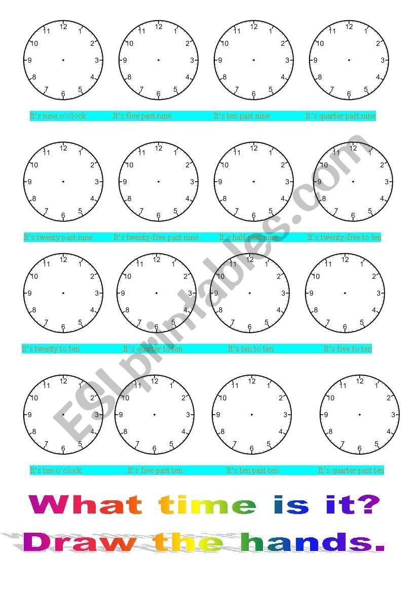 What time is it? Draw the hands of the clock.