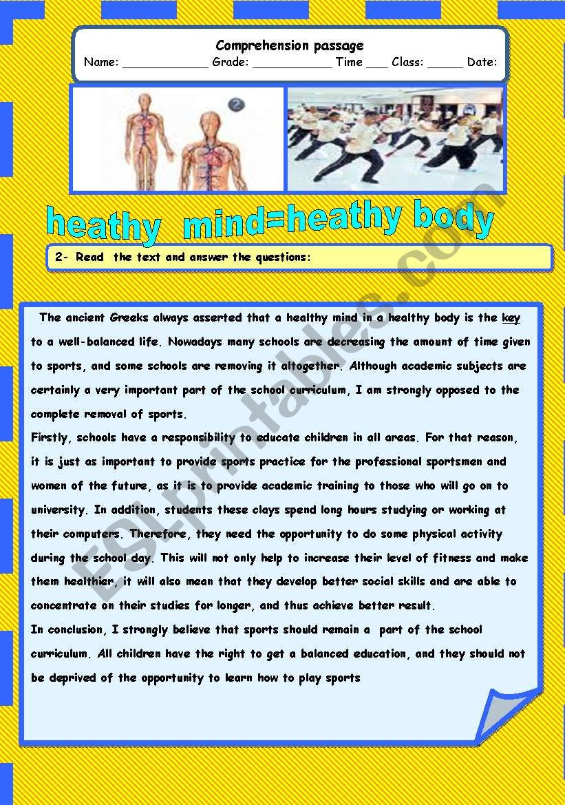 healthy mind =healthy body worksheet