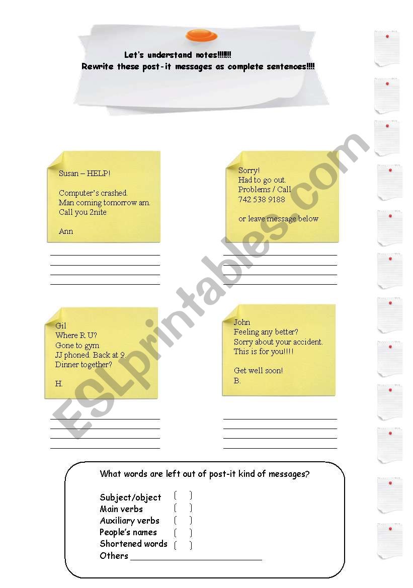 Reading post-it messages  worksheet