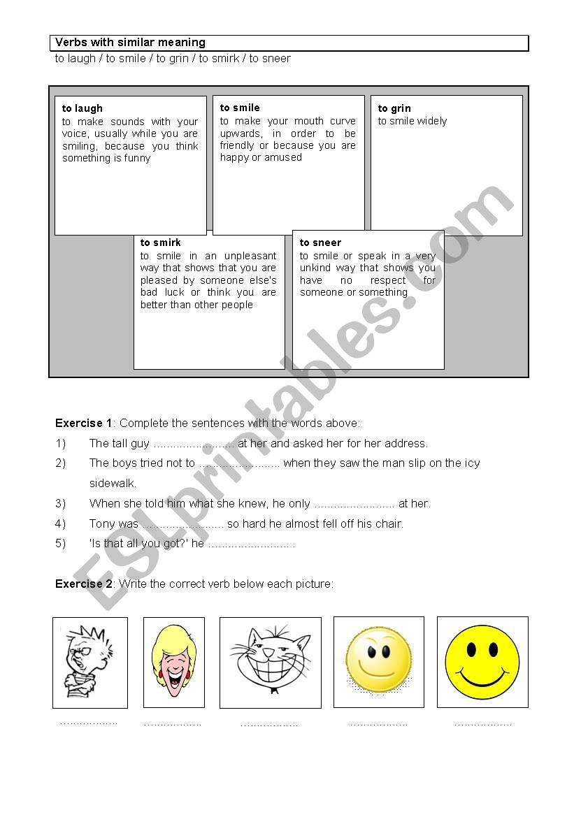 Confusable verbs: to laugh / to smile / to grin / to smirk / to sneer