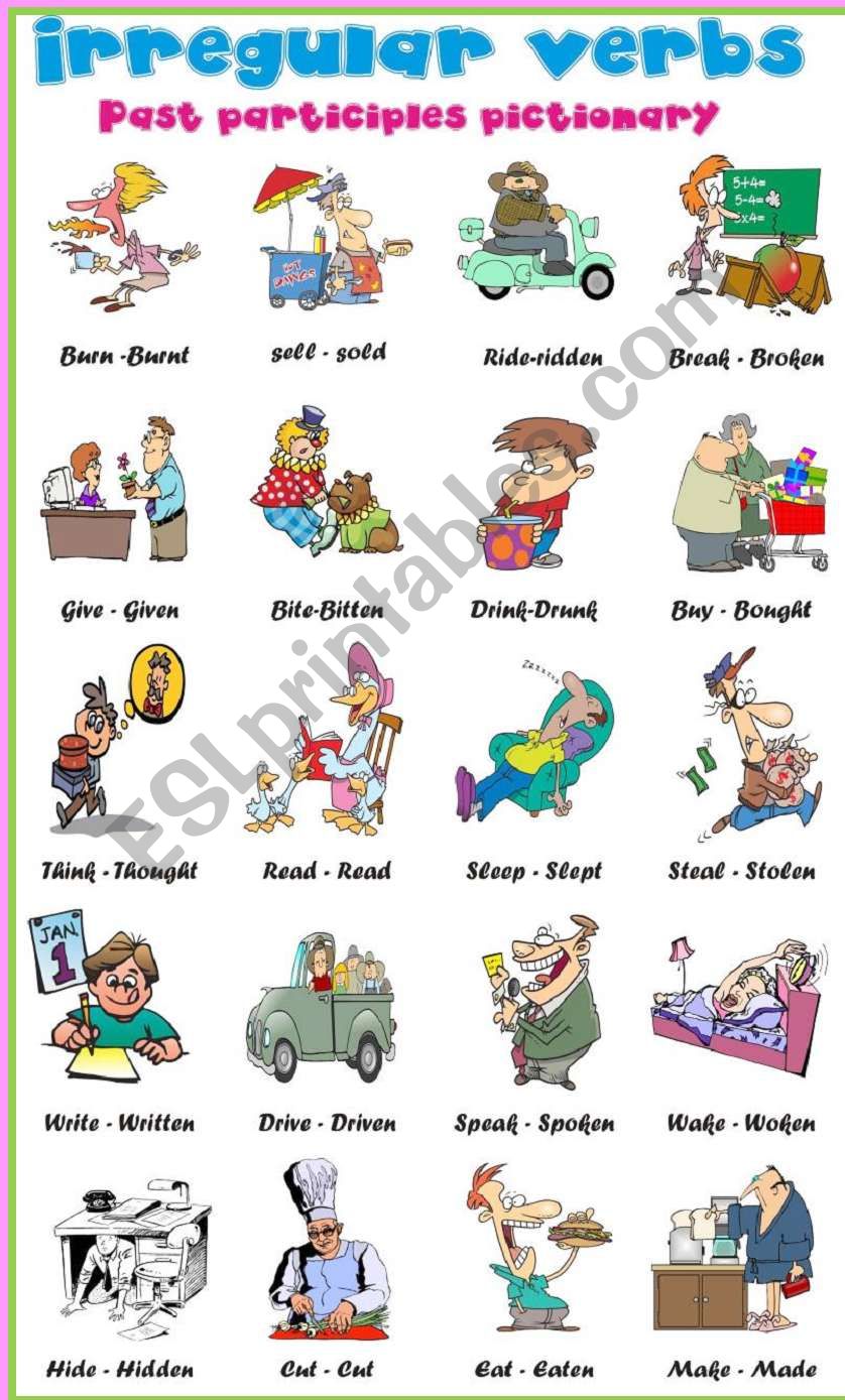 Irregular verbs past participles pictionary