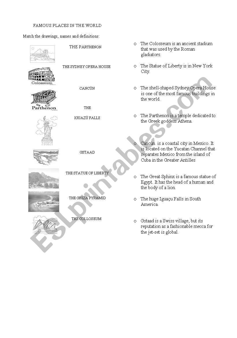 FAMOUS PLACES IN THE WORLD worksheet