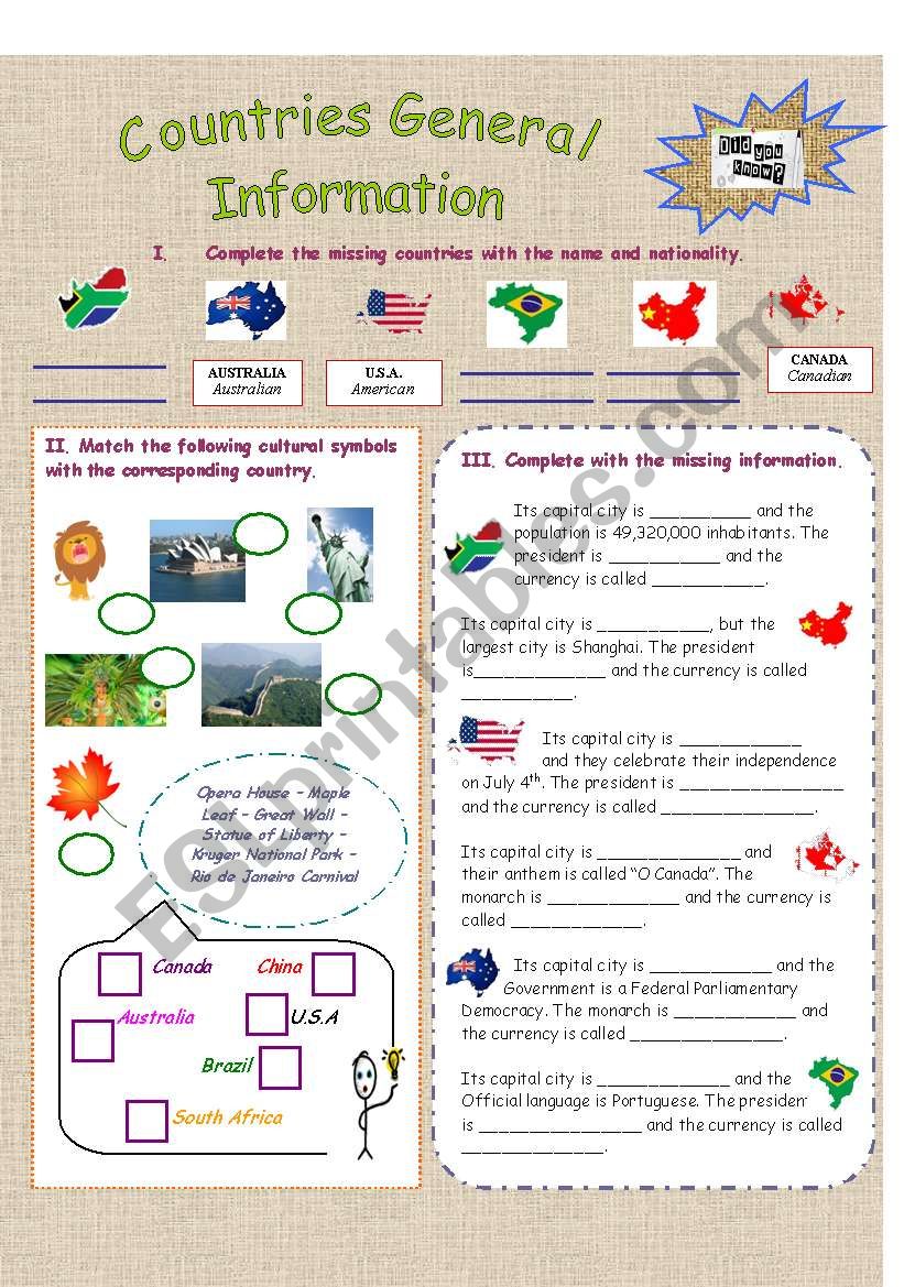 Countries General Information worksheet