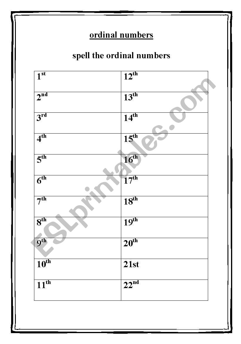 spell the ordinal numbers worksheet