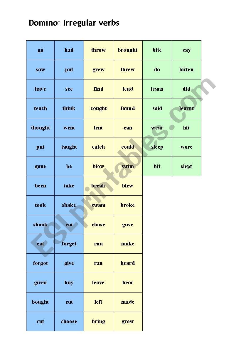 Irregular Verbs domino worksheet