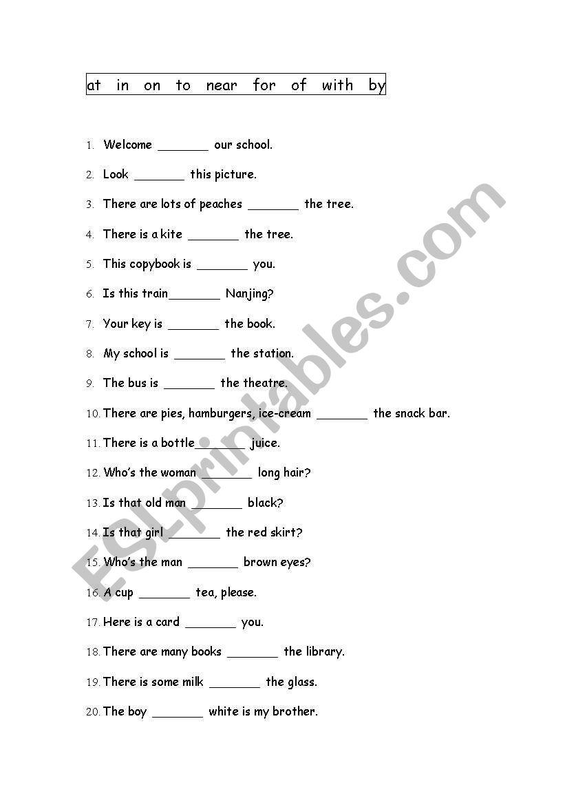 preposition-on in at to  worksheet