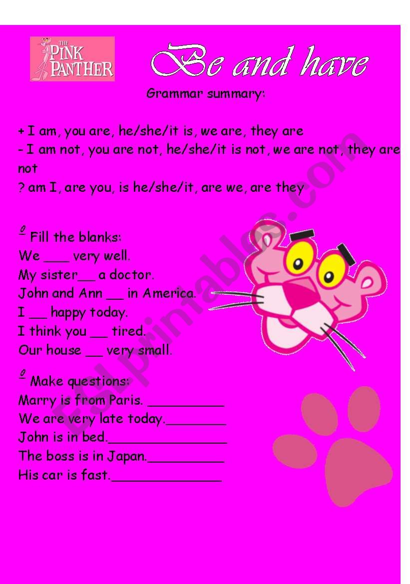 The pink panther:Be and have worksheet