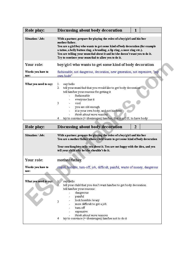 Role Play_Body decoration worksheet