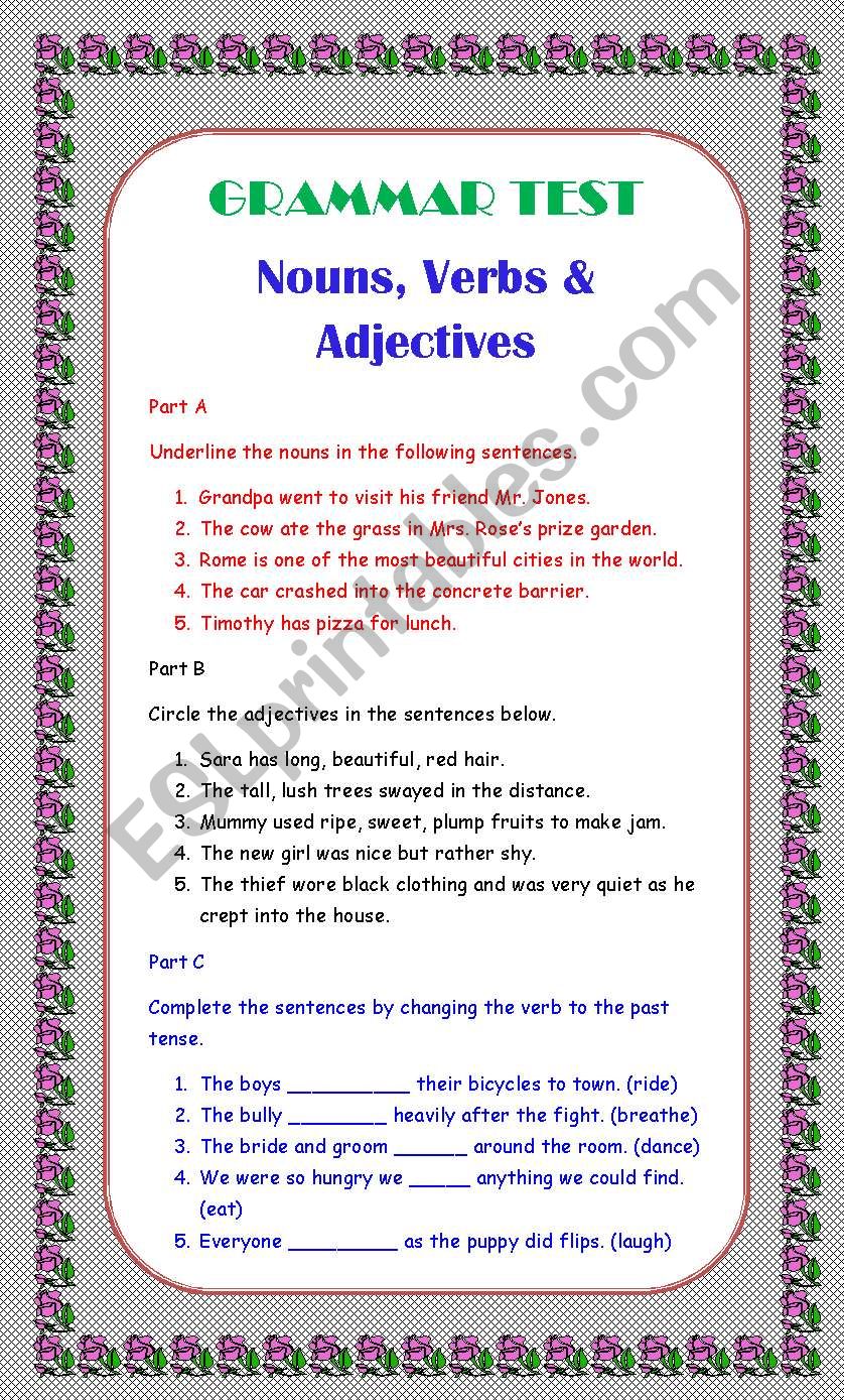Nouns, Verbs and Adjectives Test
