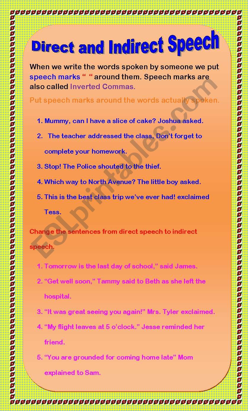 Direct and Indirect Speech worksheet