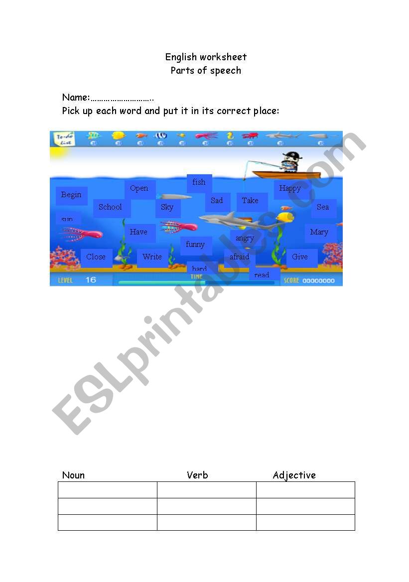 parts of speech worksheet