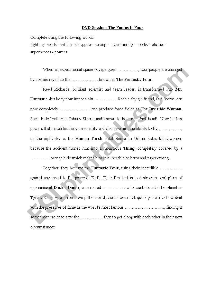 Fantastic Four DVD Worksheet worksheet