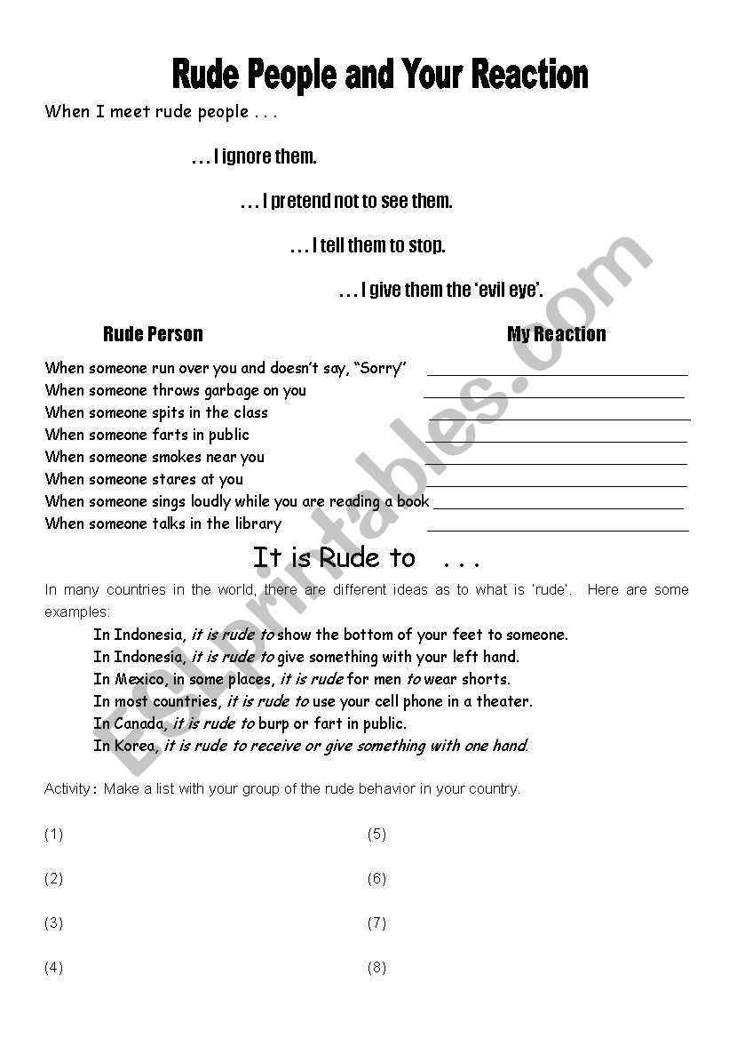 Rude people and your reaction worksheet