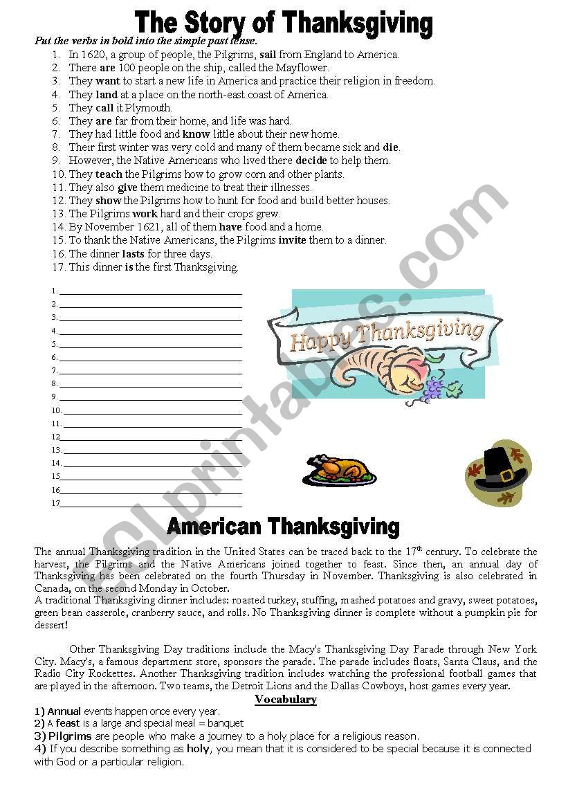 The story of Thanksgiving worksheet